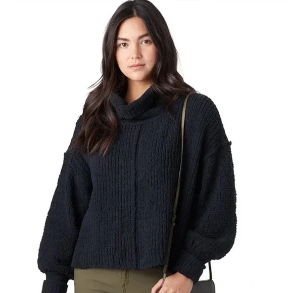 Free People Be Yours Cowl Neck Sweater Balloon Sleeve Chunky Boxy Cropped Black - Picture 14 of 14